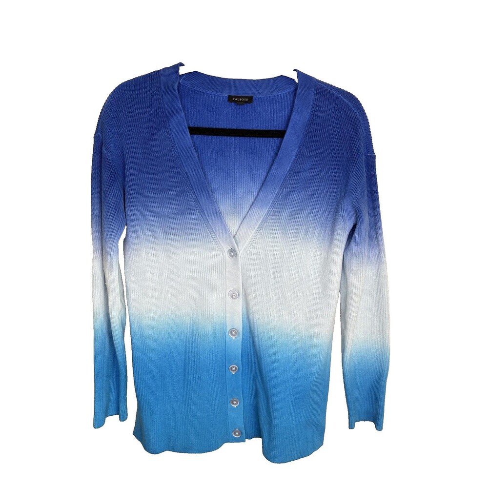 Talbots Sweater Womens XS Gradient Cardigan Button Front V Neck Blue White Ombre